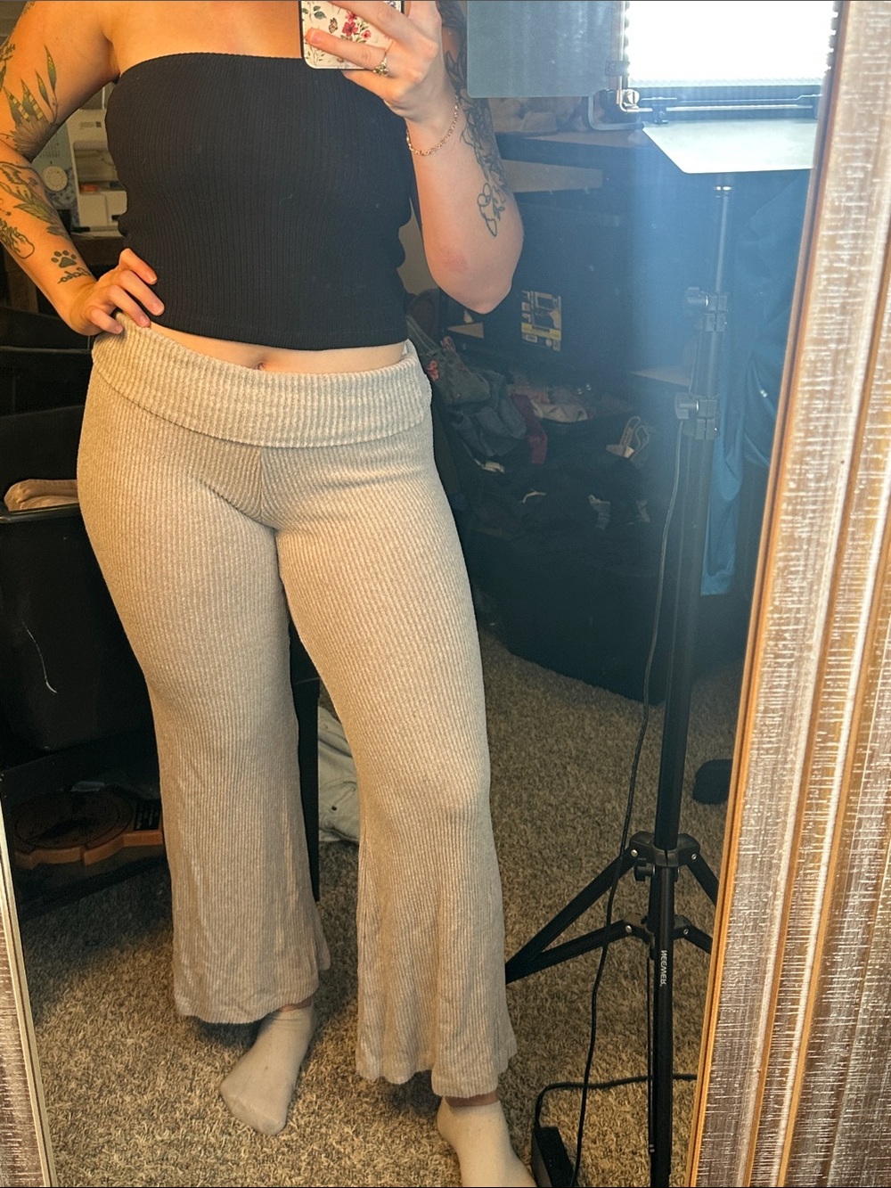 Altard State Ribbed Knit Fold Over Wide-Leg Lounge Pants in Light Beige